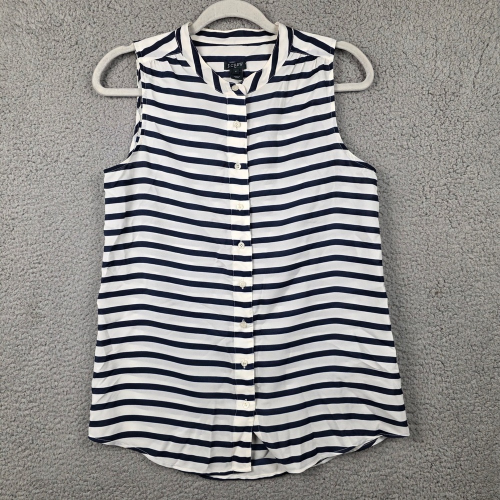 J.Crew Womens Navy White Striped‎ Sleeveless Band Collar Button Down Top 4 08208